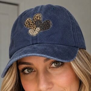 Womens Leopard Print Heart Navy Blue Washed Denim Baseball Cap Adjustable Hat